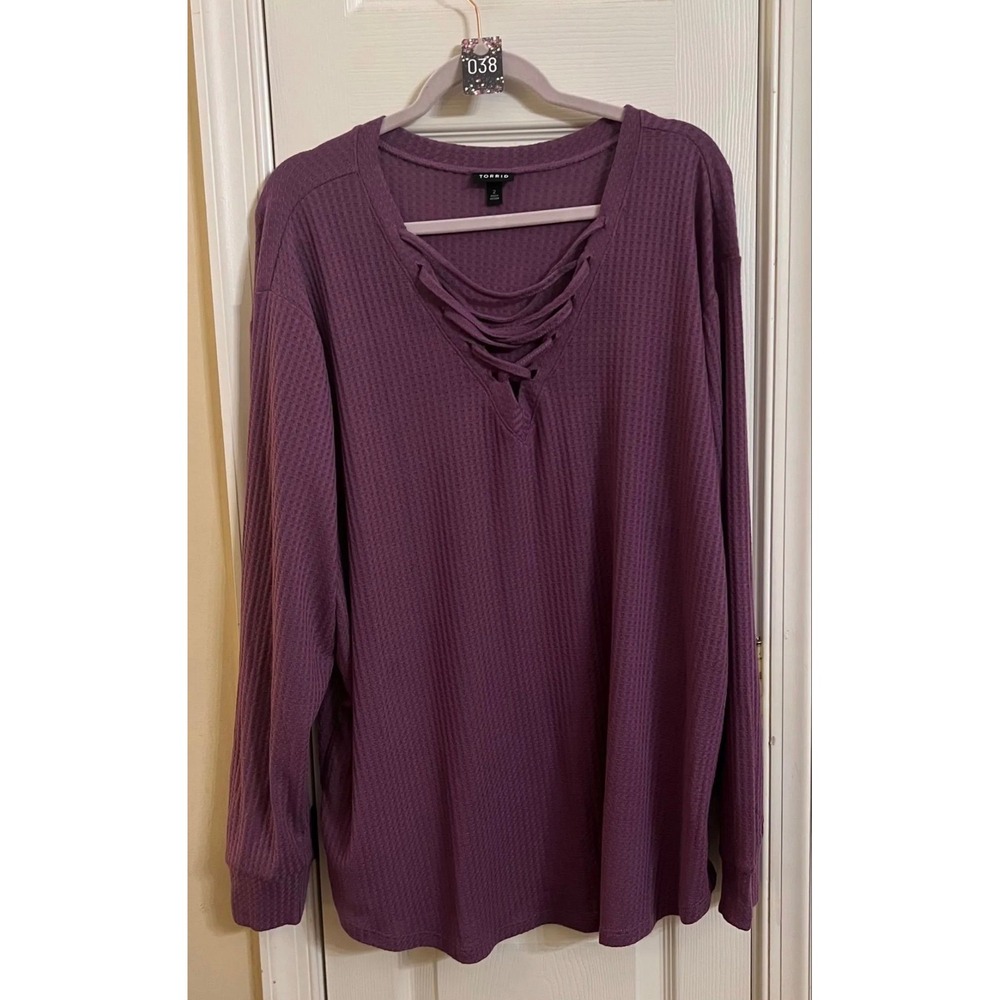 Torrid Purple Waffle Knit Lace Up V-Neck Long Sleeve Top Plus Size 2 2X